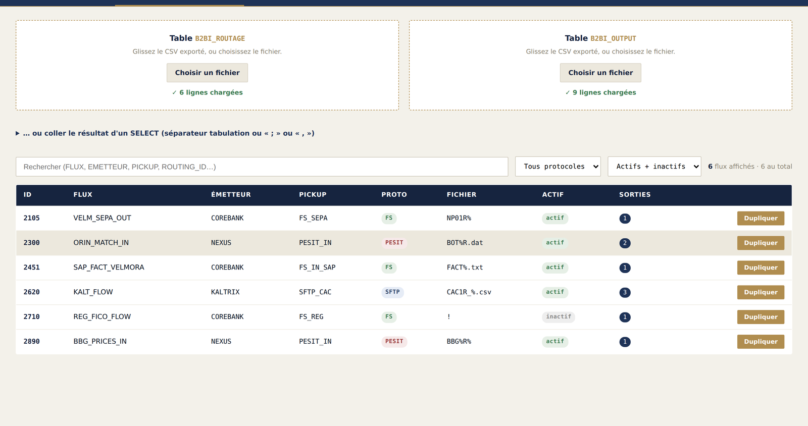 Onglet Référentiel de l'Atelier MFT : tables ROUTAGE et OUTPUT
