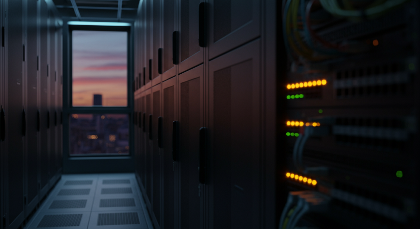 Salle de serveurs au crépuscule — infrastructure MFT critique