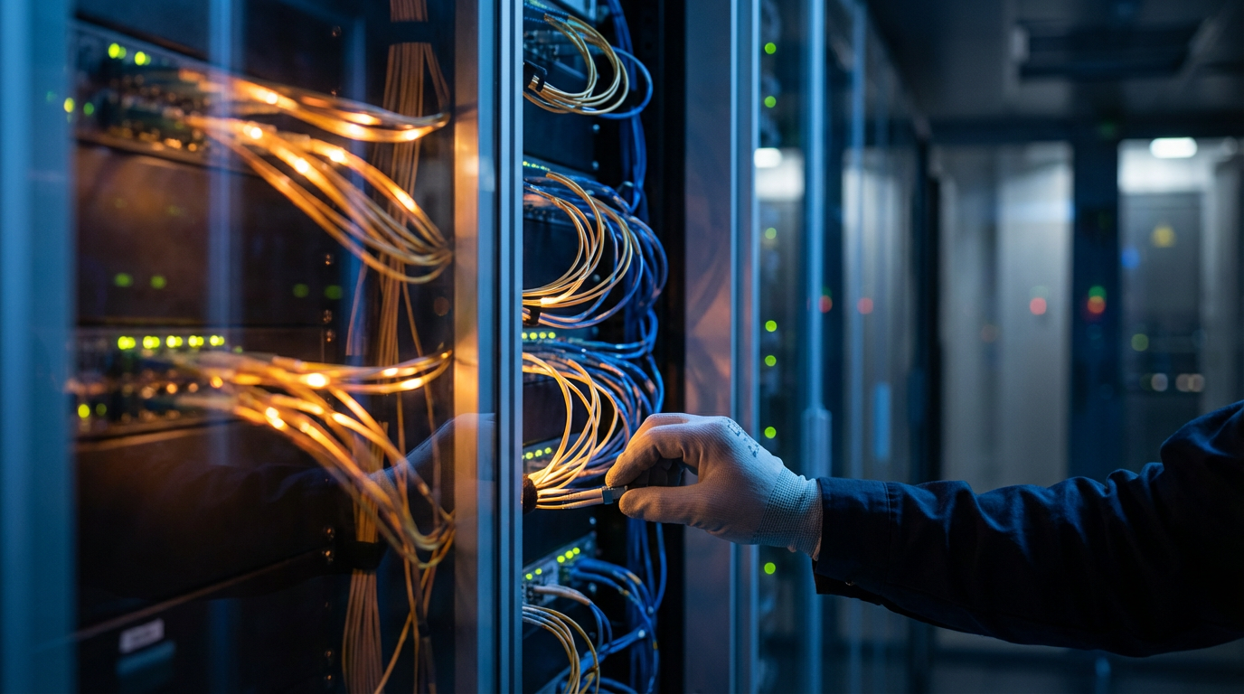 Technicien branchant des câbles fibre optique lumineux dans un datacenter — infrastructure middleware