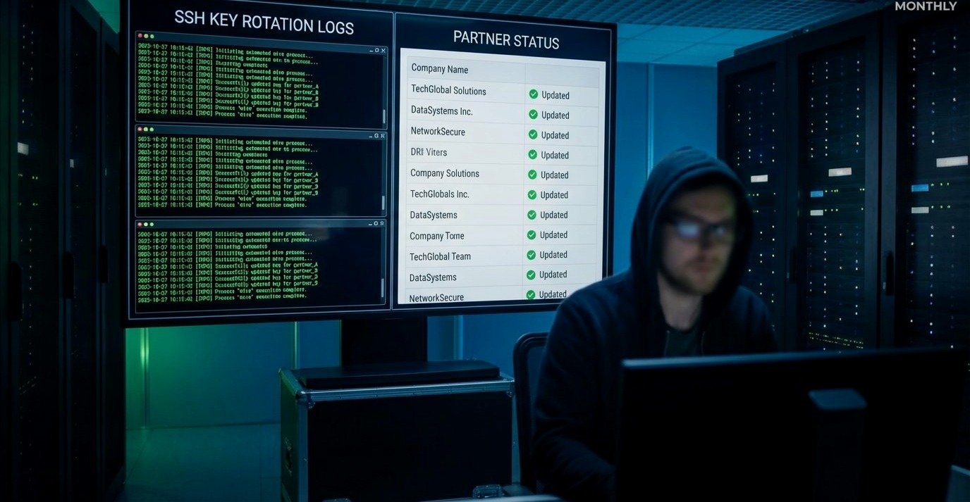 SSH key rotation logs sur écrans de supervision — salle serveur